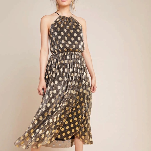 Anthropologie Metallic Polka Dot Halter Midi Dress - Picture 3 of 11